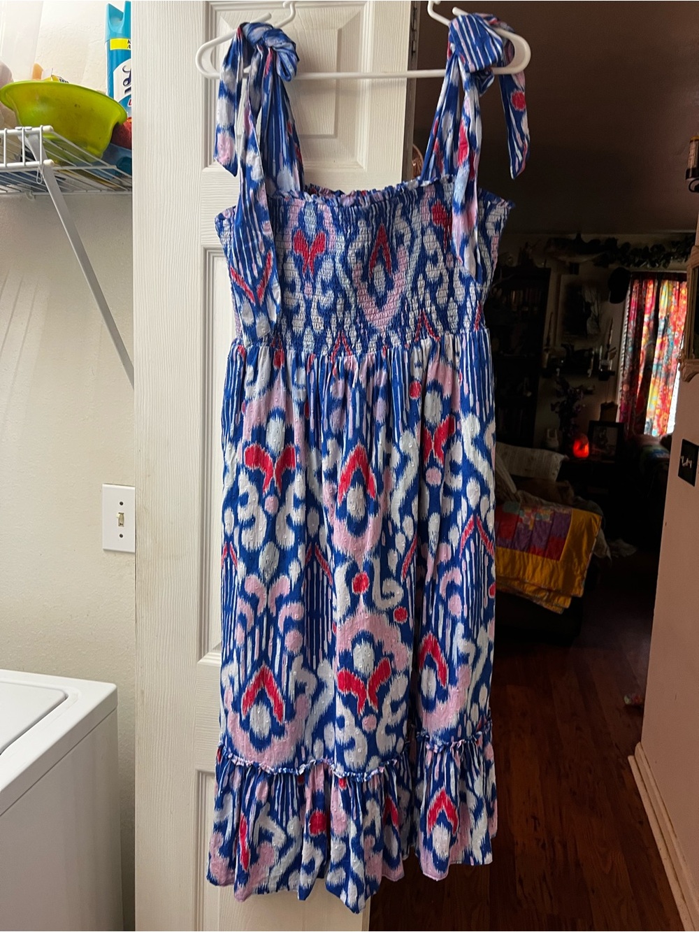 Blue & Pink Ikat Tie-Shoulder Sundress